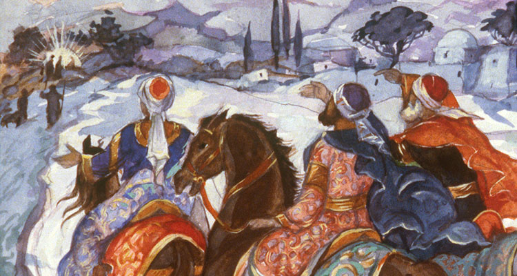 The three Magi on horseback approaching the cave of Christ's nativity