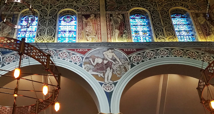 Detail of original Anglican church frescoes in the Moscow Patriarchate Russian Orthodox parish in London, UK.