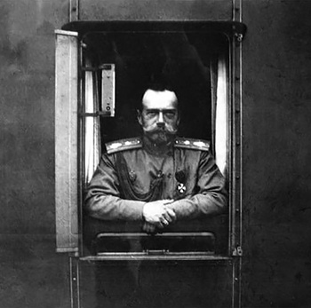 Tsar Nicholas II looking out of the window of the imperial train.