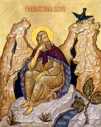 Russian icon of Prophet Elijah being fed by a Raven