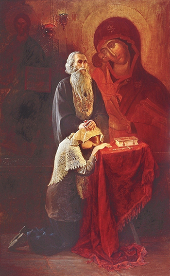Young woman kneeling during Confession in a Russian Orthodox church.